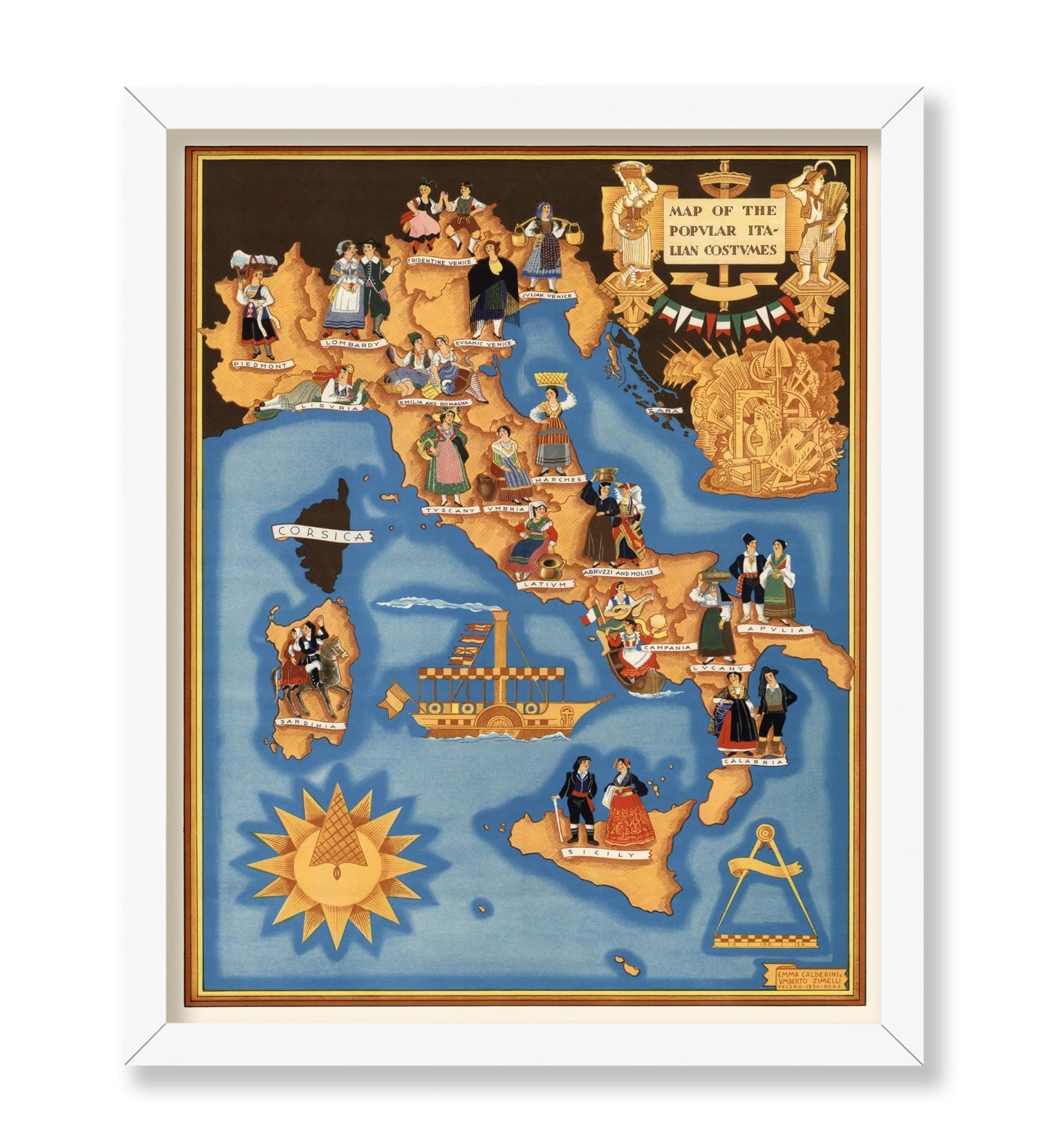 Pictorial Map of Italy with Popular Italian Costumes