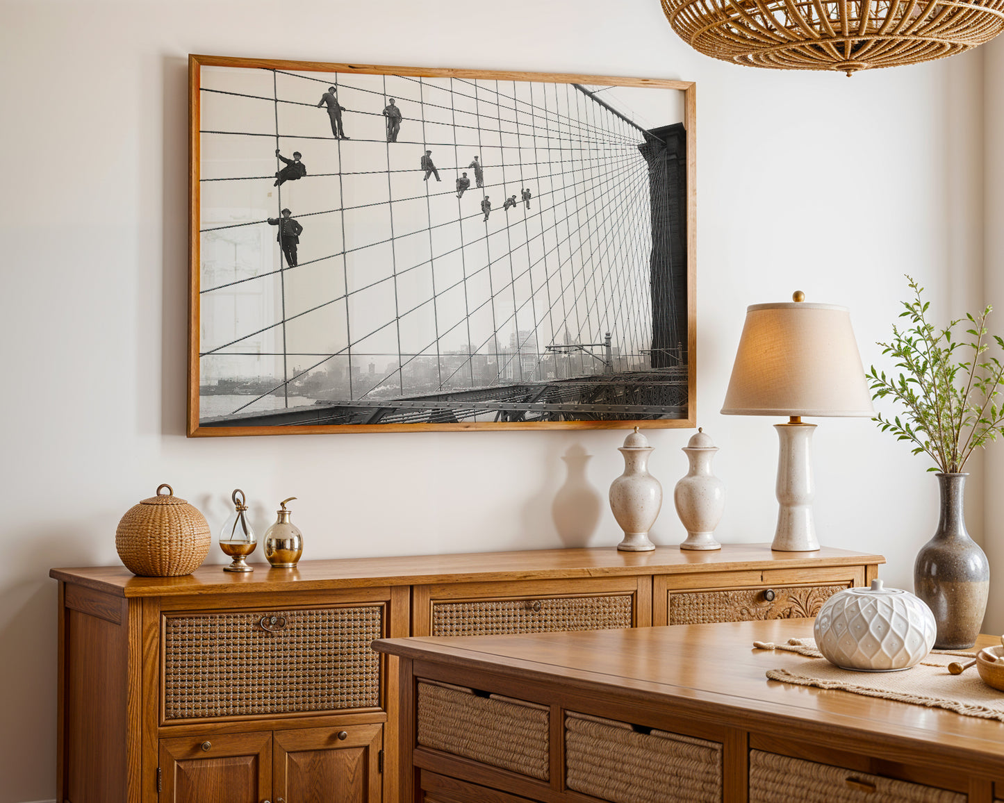 Painters Suspended on Cables of the Brooklyn Bridge