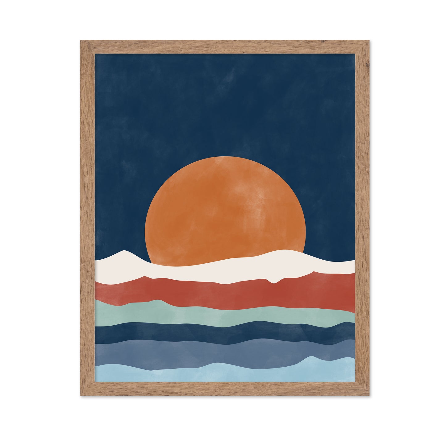 Large Orange Sun Setting Over Stylized Waves