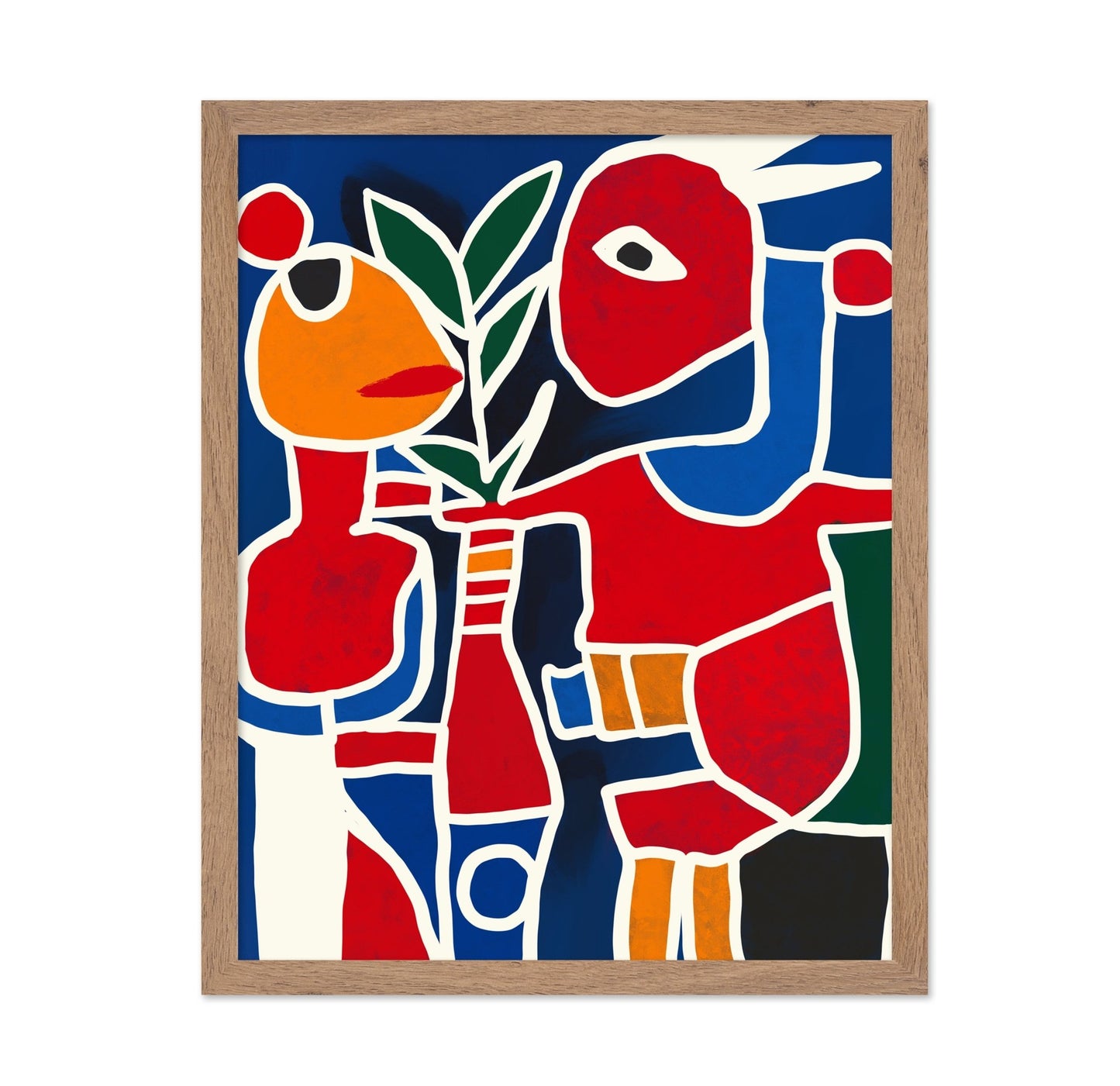 Two Colorful Figures Holding A Plant