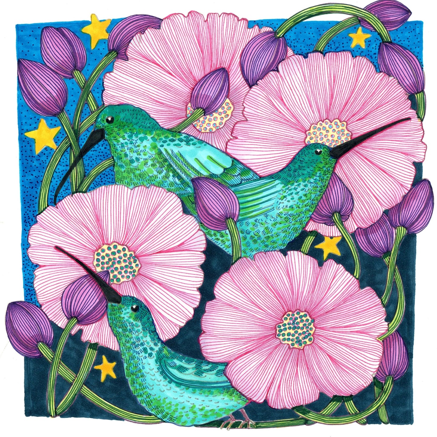 Whimsical Hummingbirds Among Blossoms