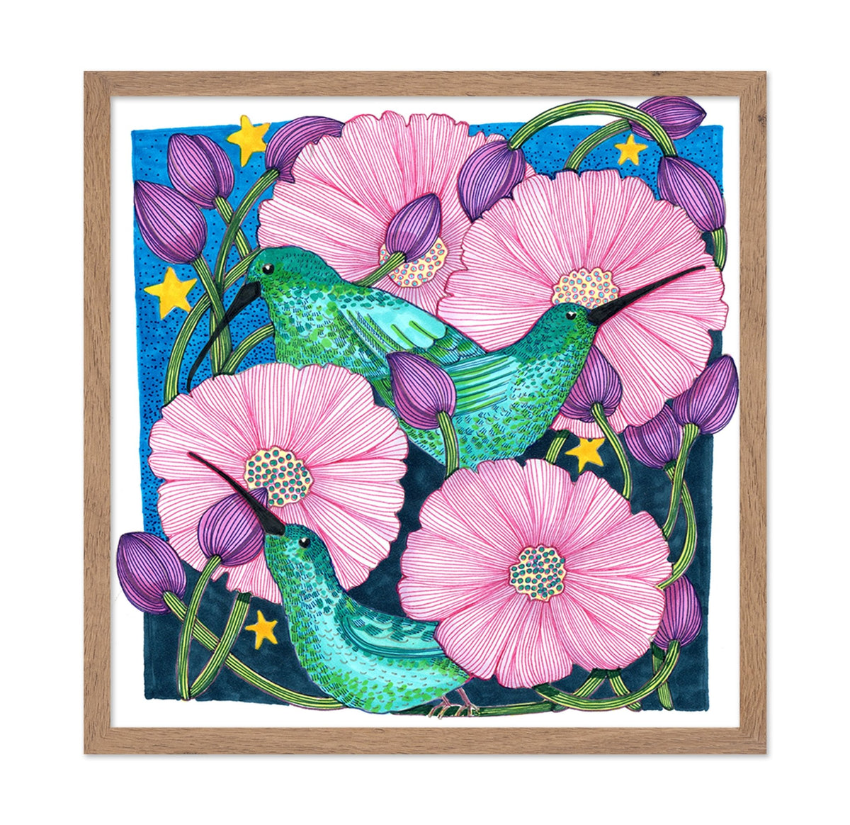 Whimsical Hummingbirds Among Blossoms