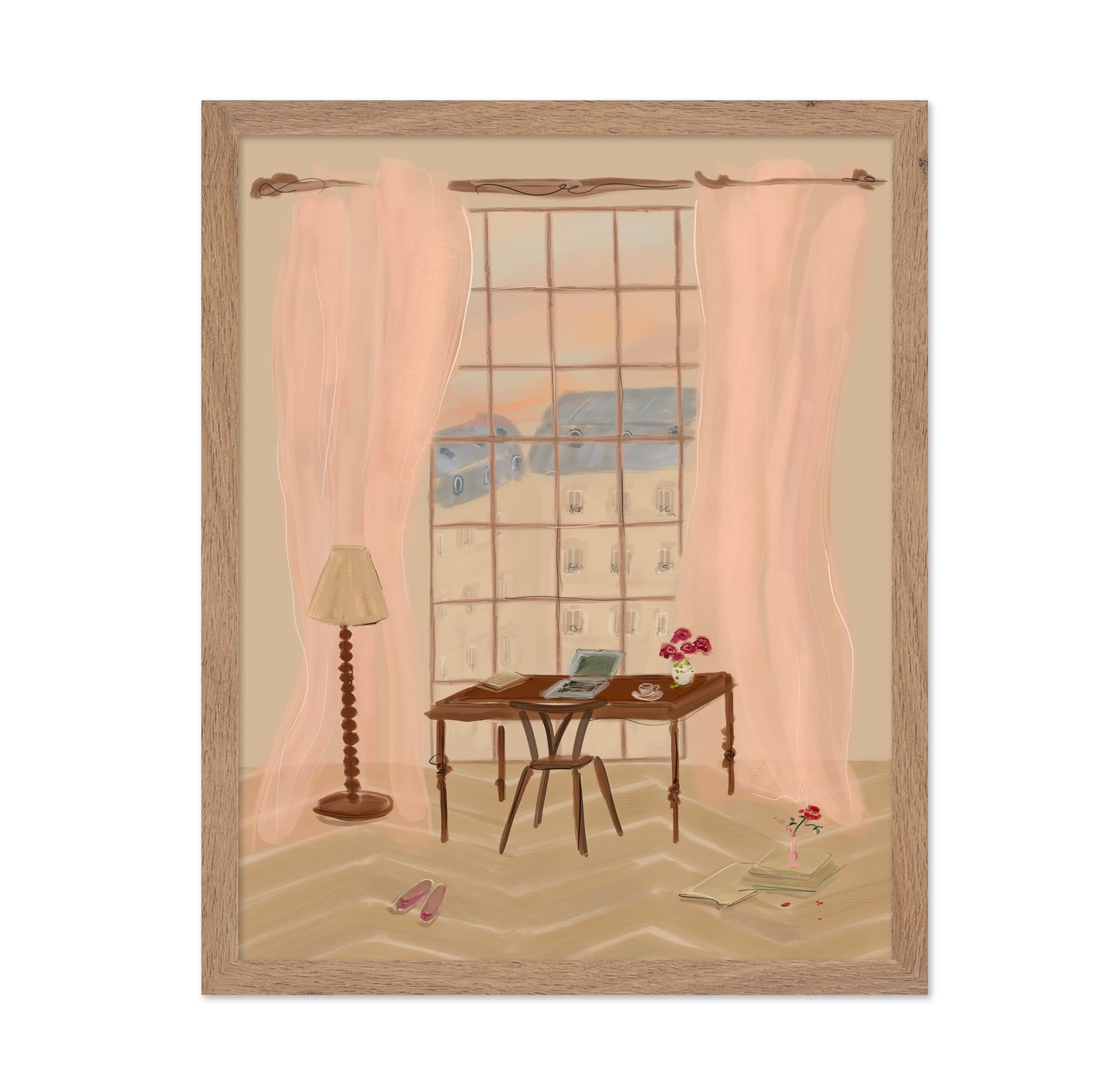 Paris Window View Illustration with Rustic Desk