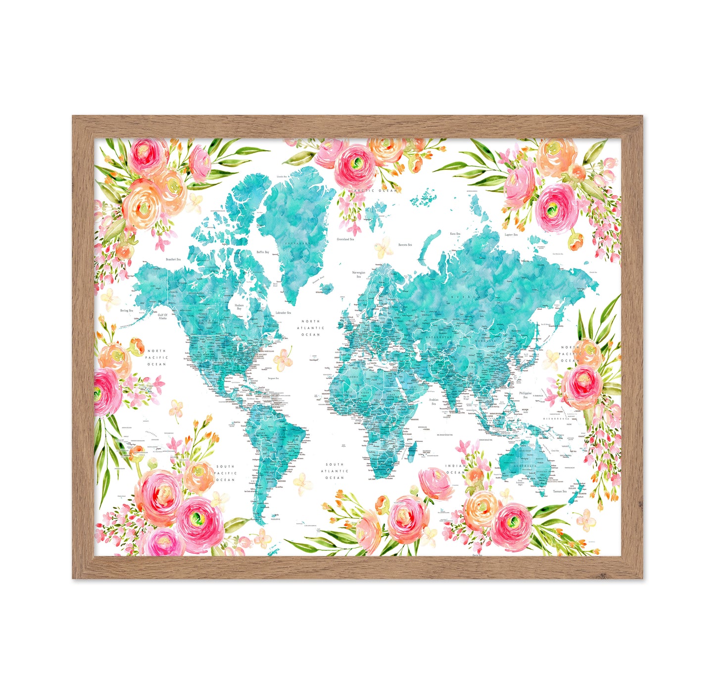 Floral World Map with Cities