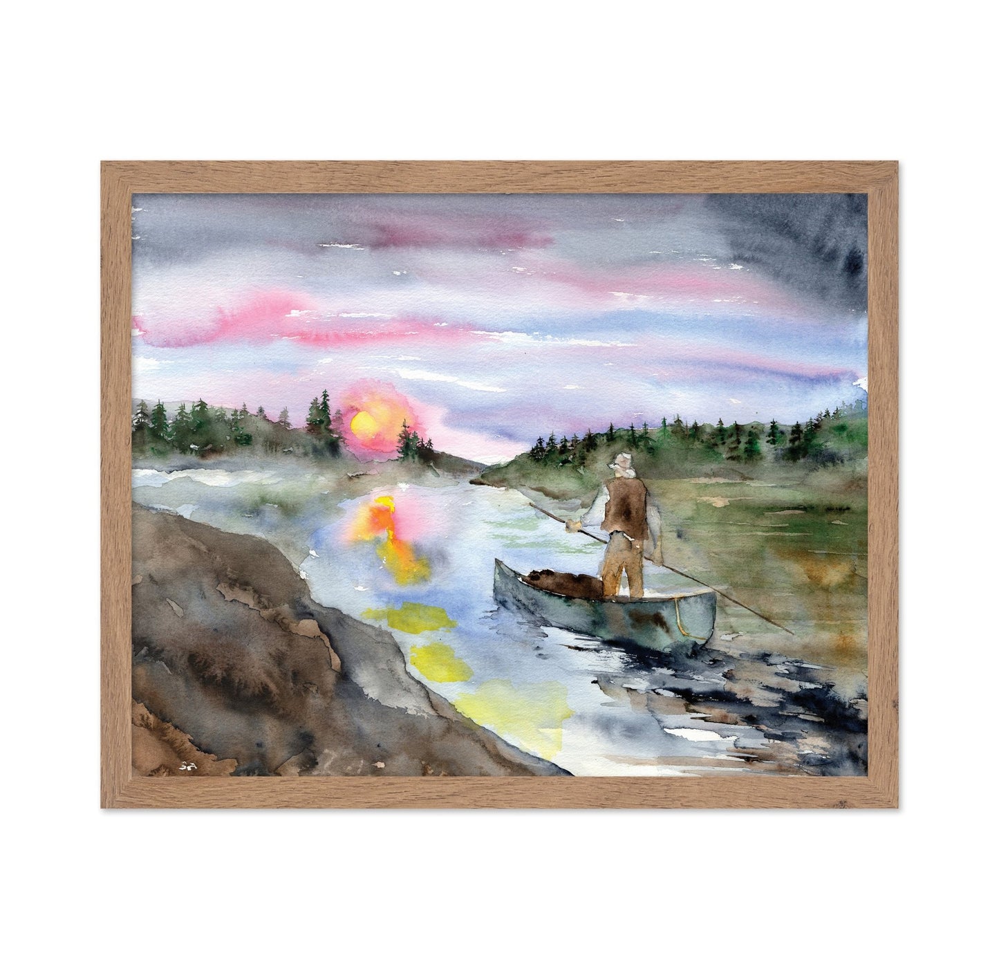 Watercolor Fisherman Landscape