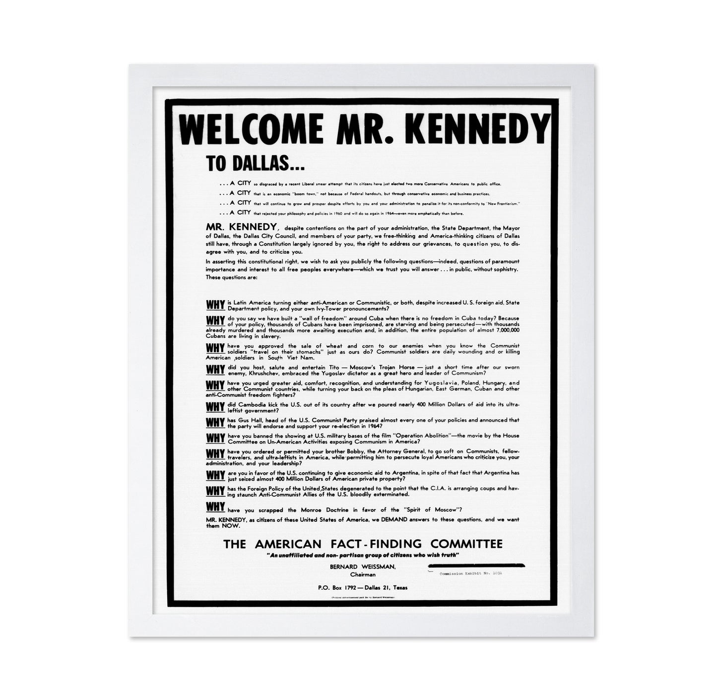 John F. Kennedy Dallas Broadside 1963