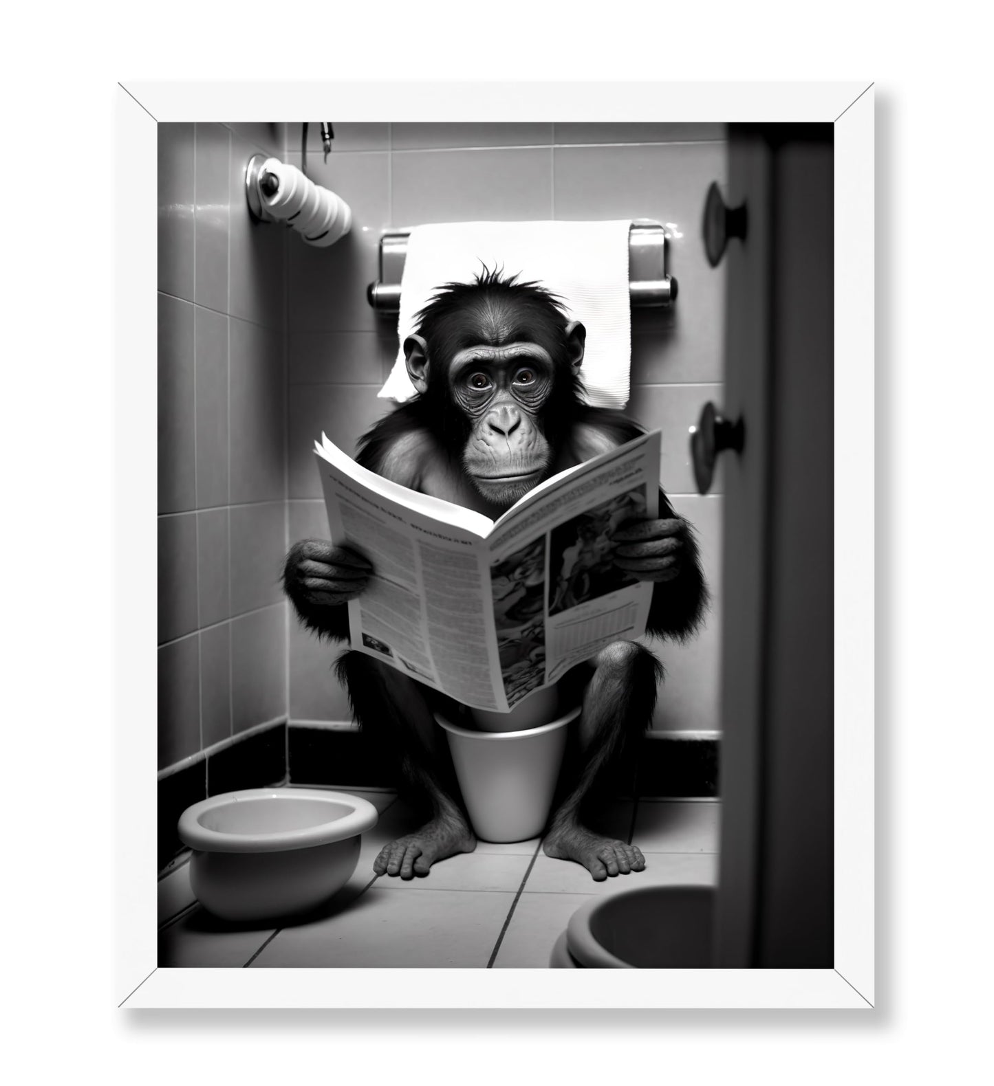 Monkey Reading a Newspaper on Toilet
