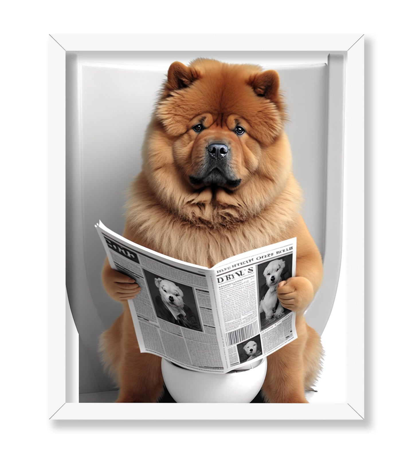 Chow Chow Seating on a Toilet Reading Newspaper