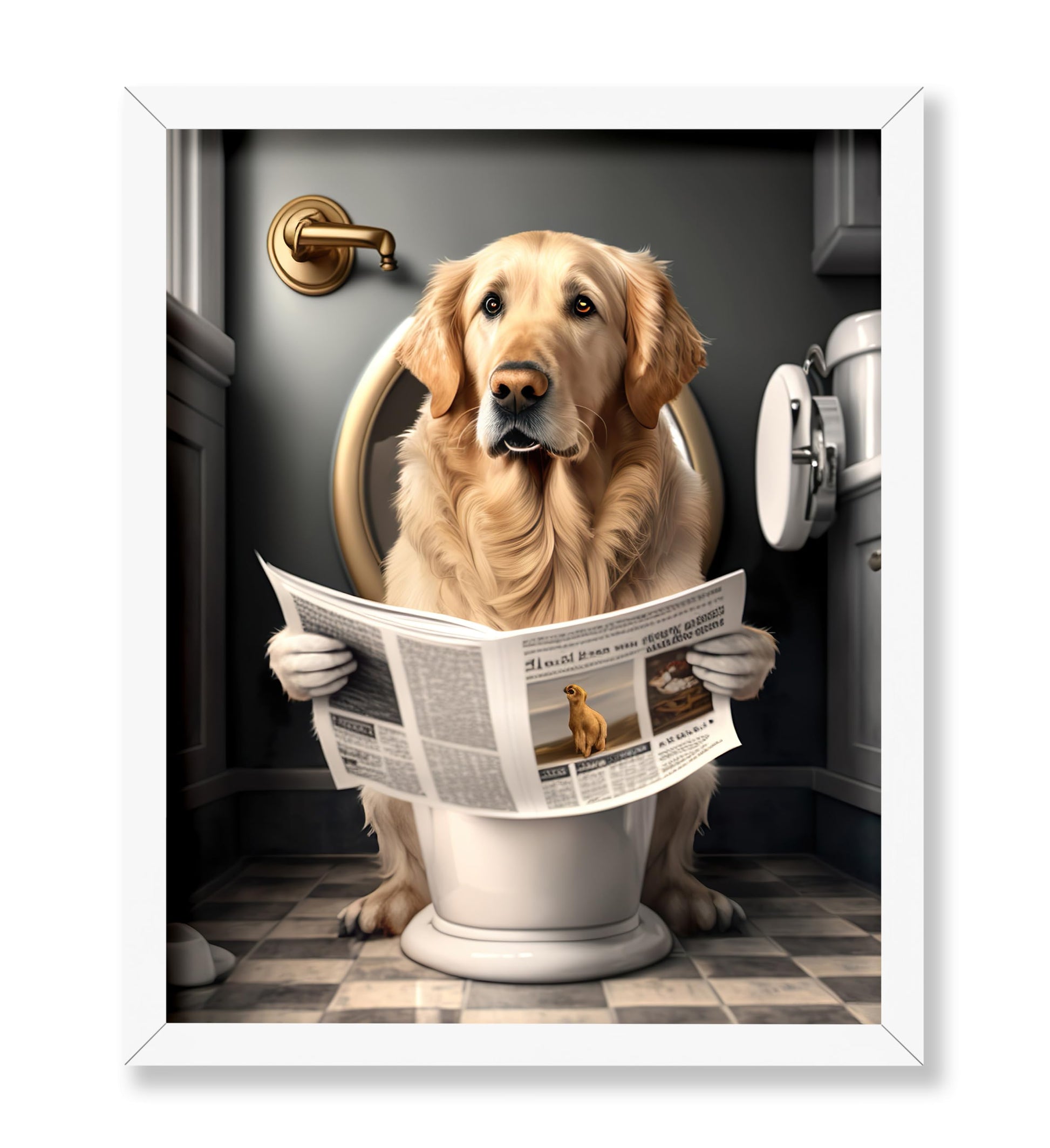 Golden Retriever Reading a Newspaper on Toilet