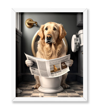 Golden Retriever Reading a Newspaper on Toilet