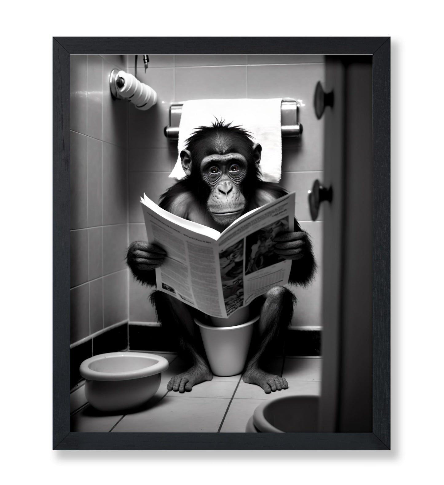 Monkey Reading a Newspaper on Toilet