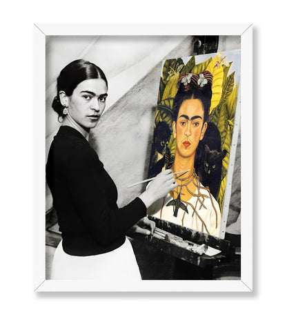 Frida Kahlo Posing with Self-Portrait with Thorn Necklace and Hummingbird