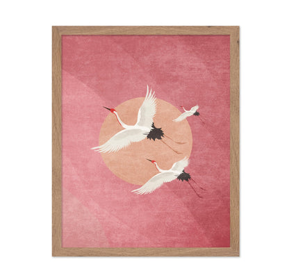 Flying Cranes, Pink Sky And Sun