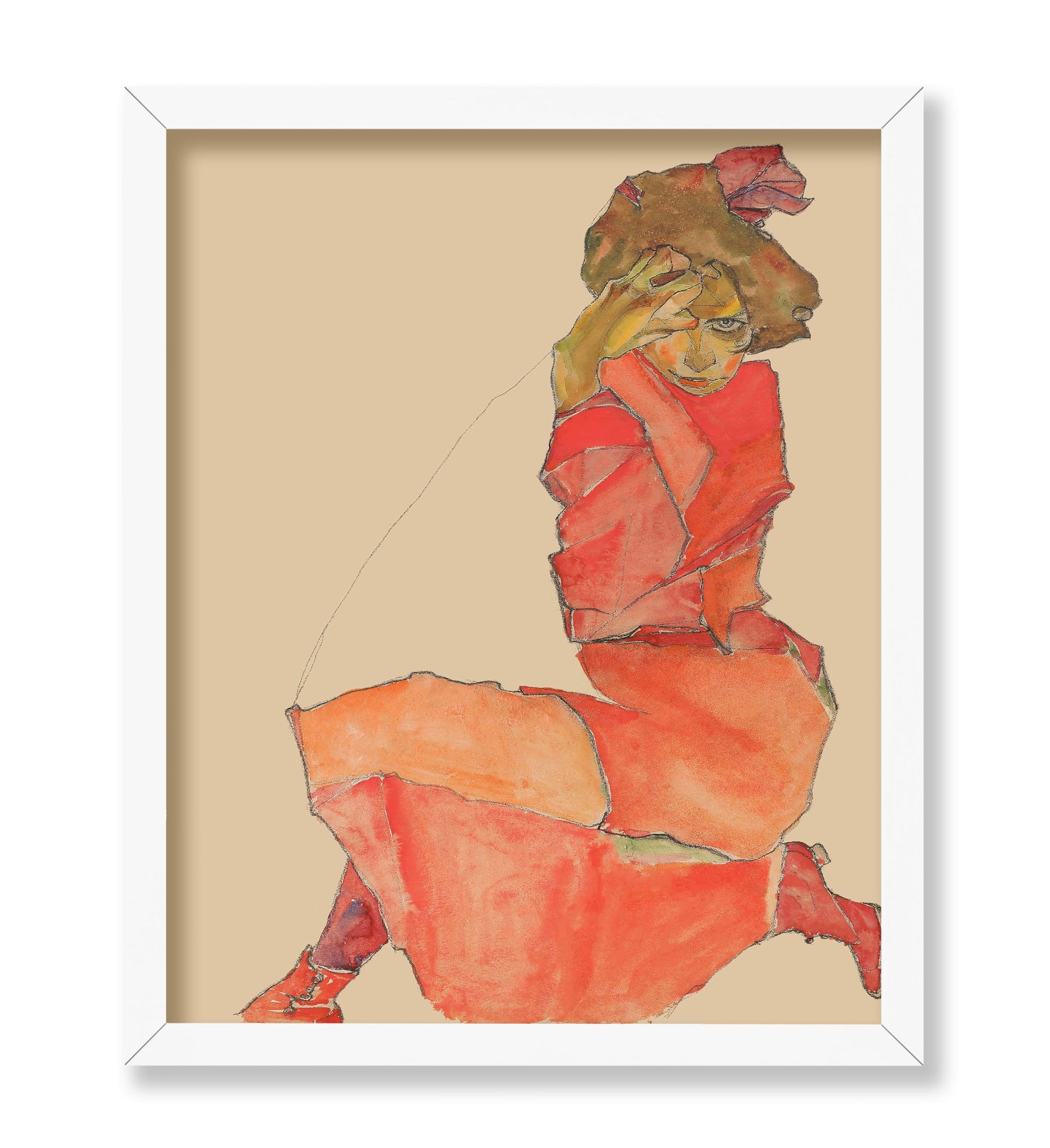 Egon Schiele - Kneeling Female in Orange-Red Dress
