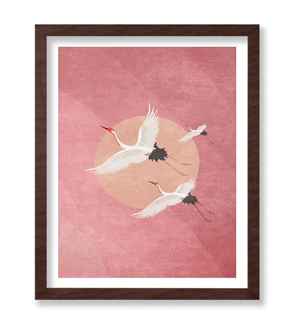 Flying Cranes, Pink Sky And Sun