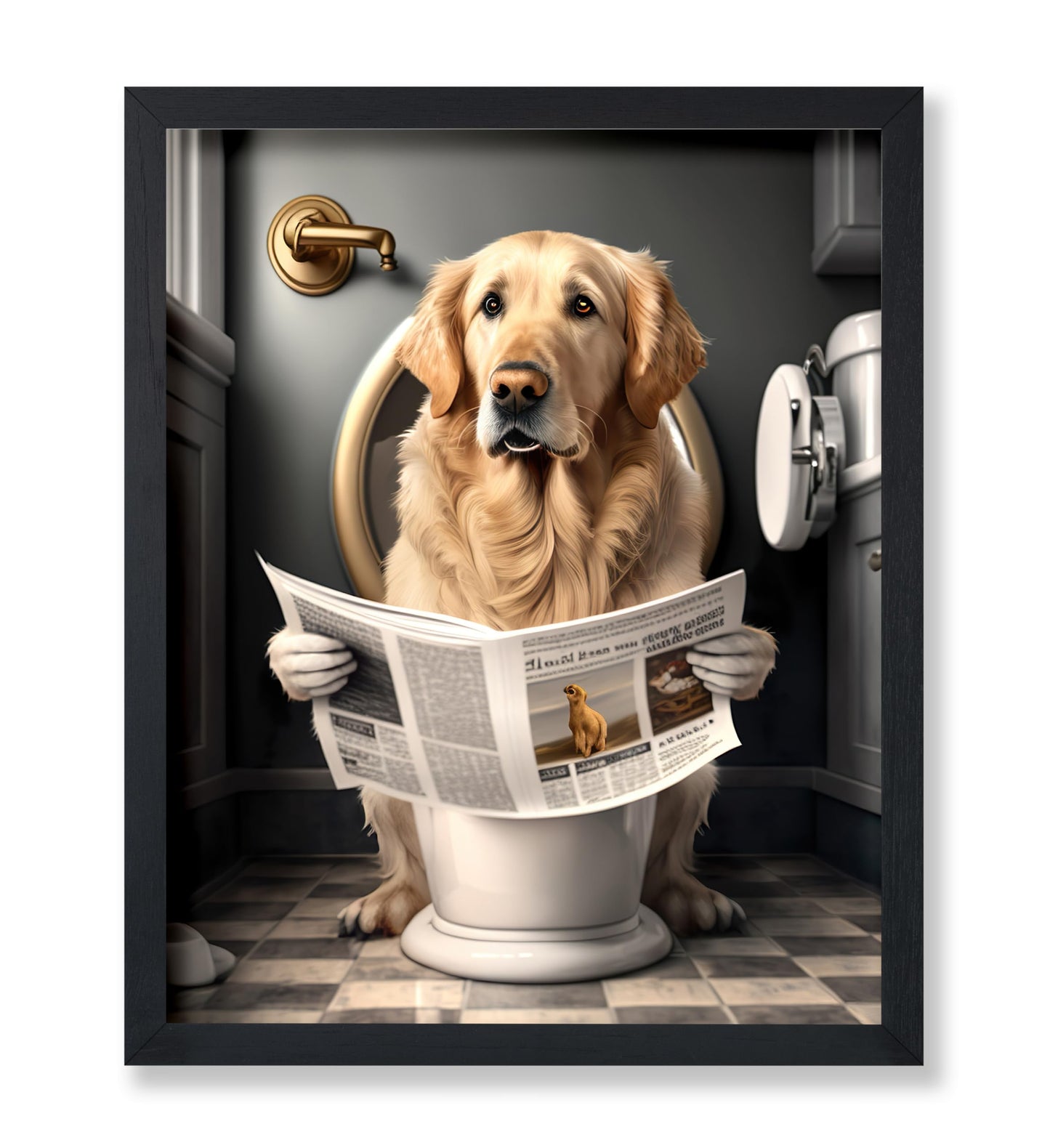 Golden Retriever Reading a Newspaper on Toilet