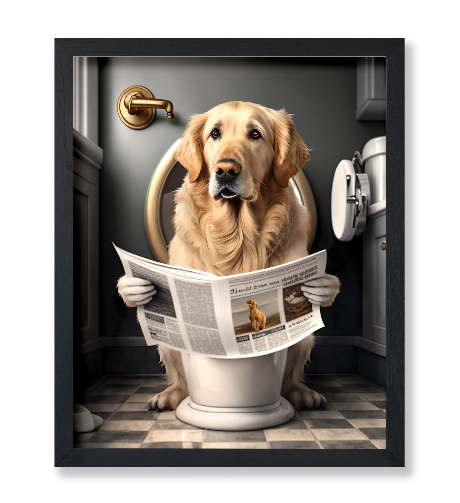 Golden Retriever Reading a Newspaper on Toilet