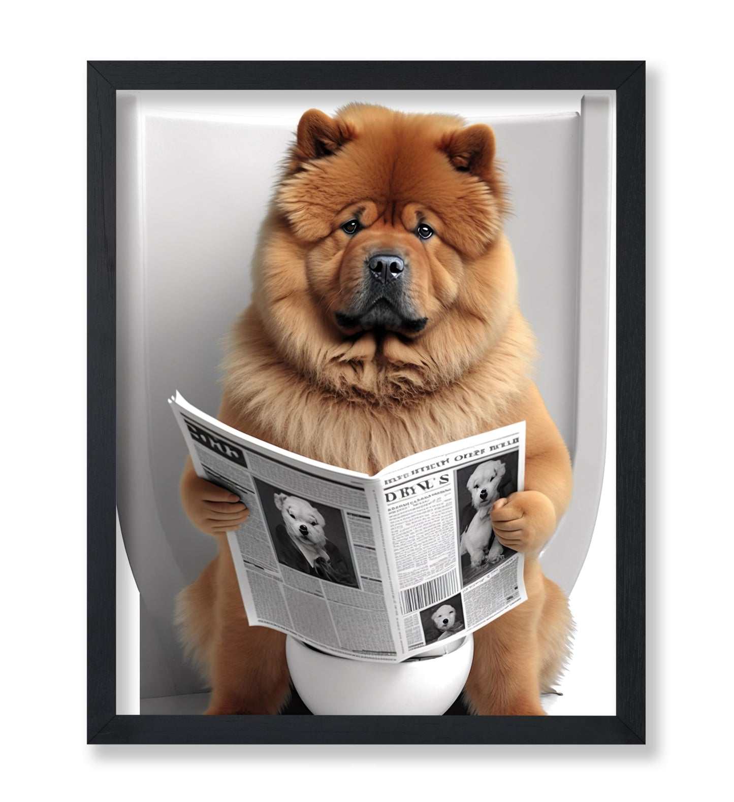 Chow Chow Seating on a Toilet Reading Newspaper