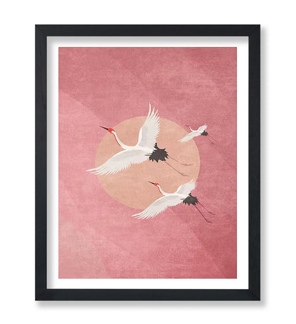 Flying Cranes, Pink Sky And Sun