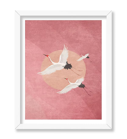 Flying Cranes, Pink Sky And Sun