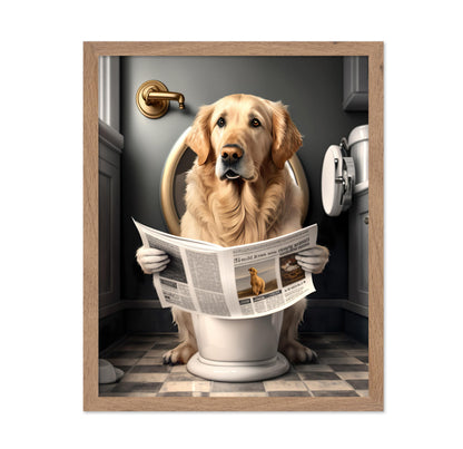 Golden Retriever Reading a Newspaper on Toilet