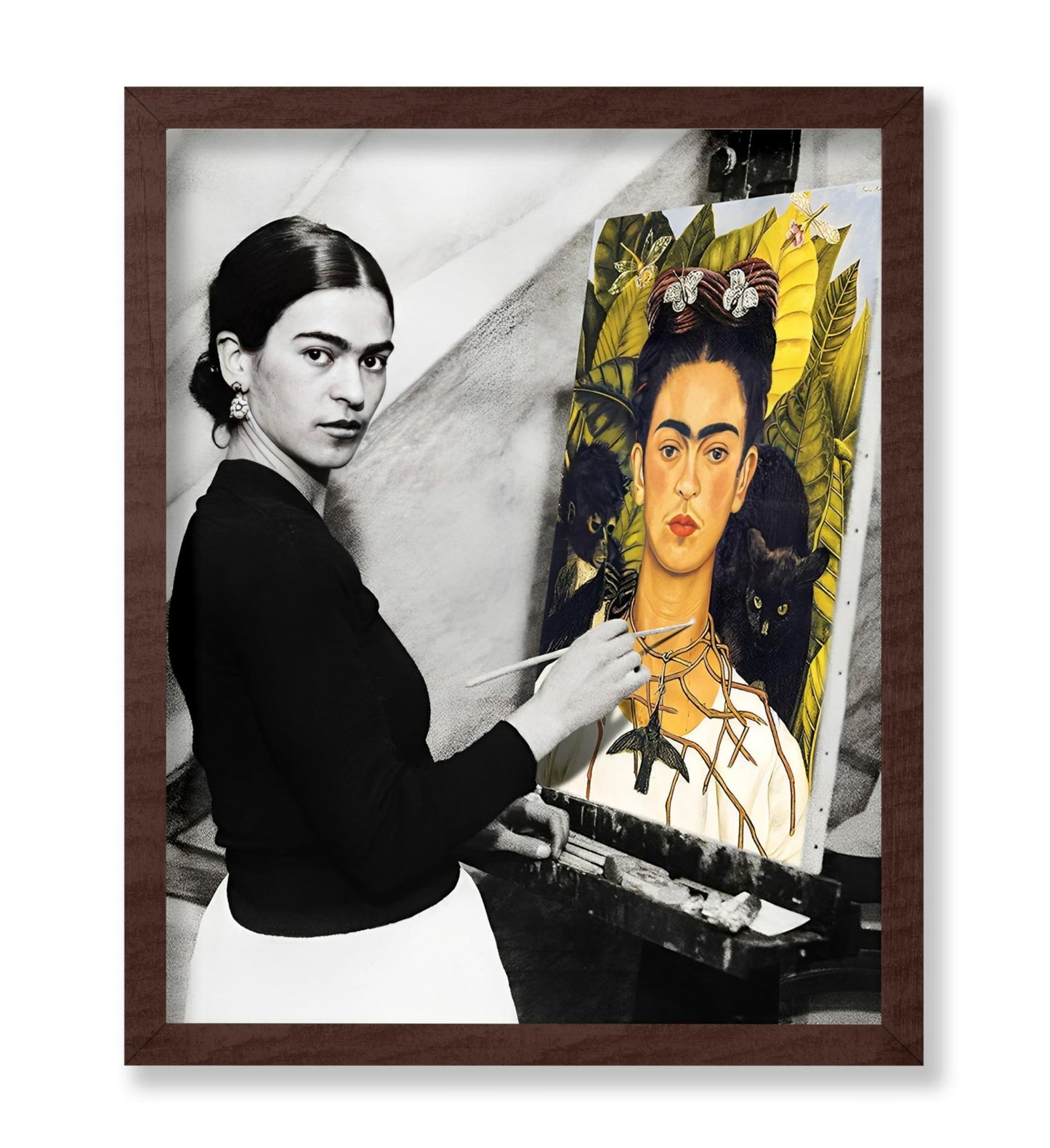 Frida Kahlo Posing with Self-Portrait with Thorn Necklace and Hummingbird