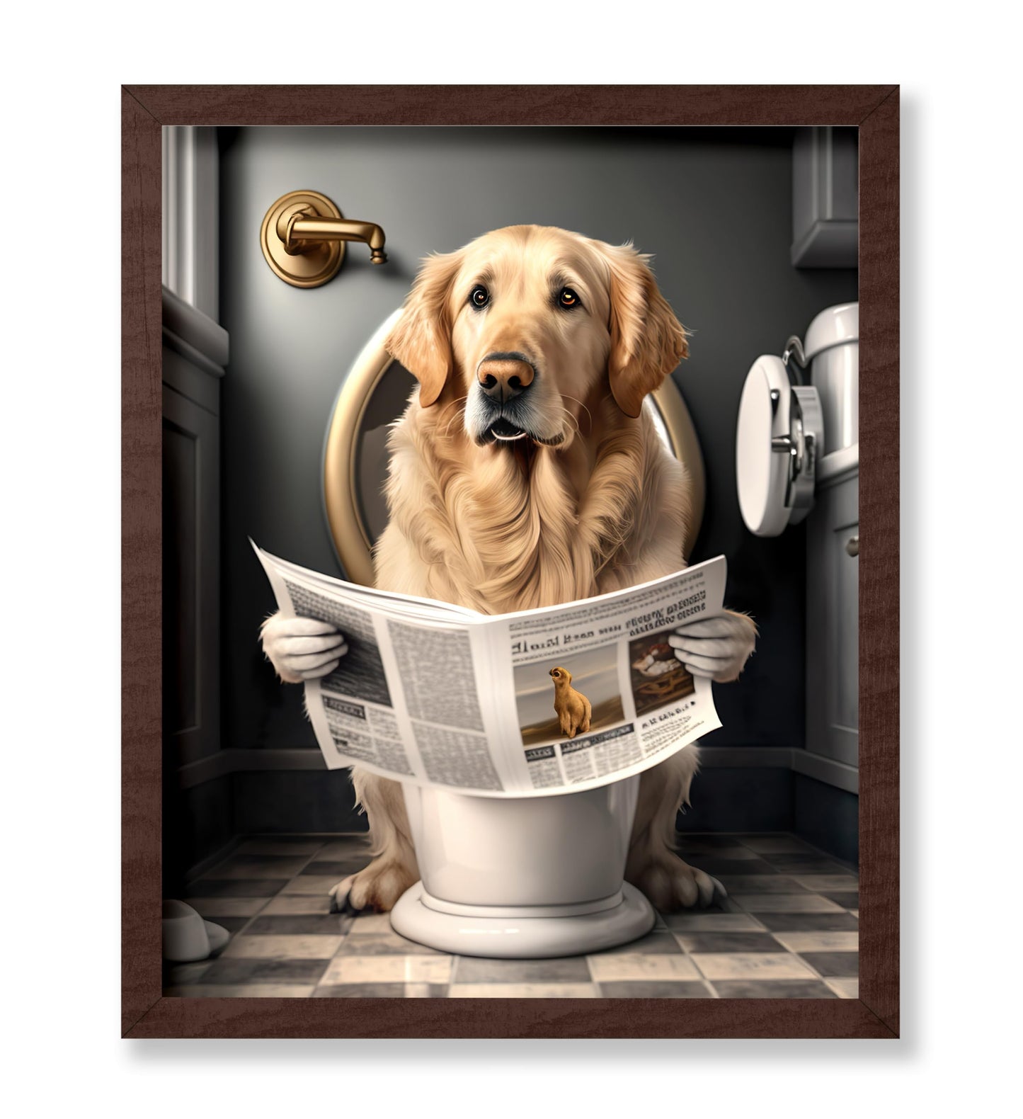 Golden Retriever Reading a Newspaper on Toilet