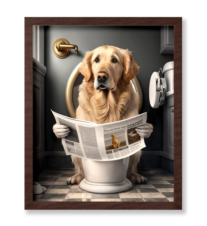 Golden Retriever Reading a Newspaper on Toilet