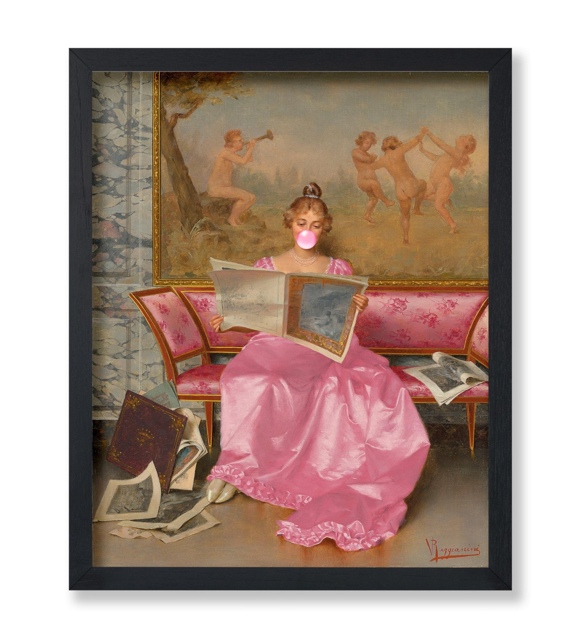 Reading an Art Journal Pink Bubble Gum Poster