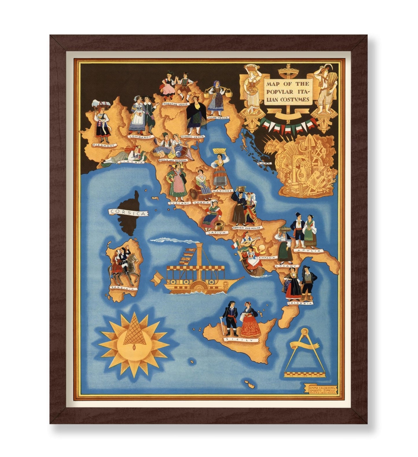 Pictorial Map of Italy with Popular Italian Costumes
