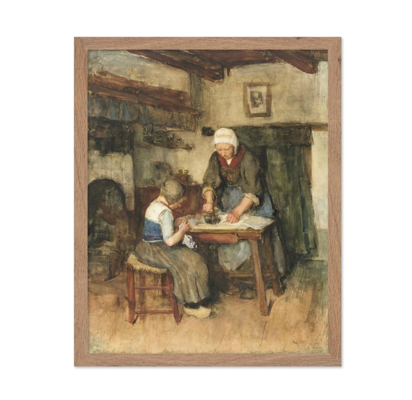 Interior with Woman Ironing and Sewing Child