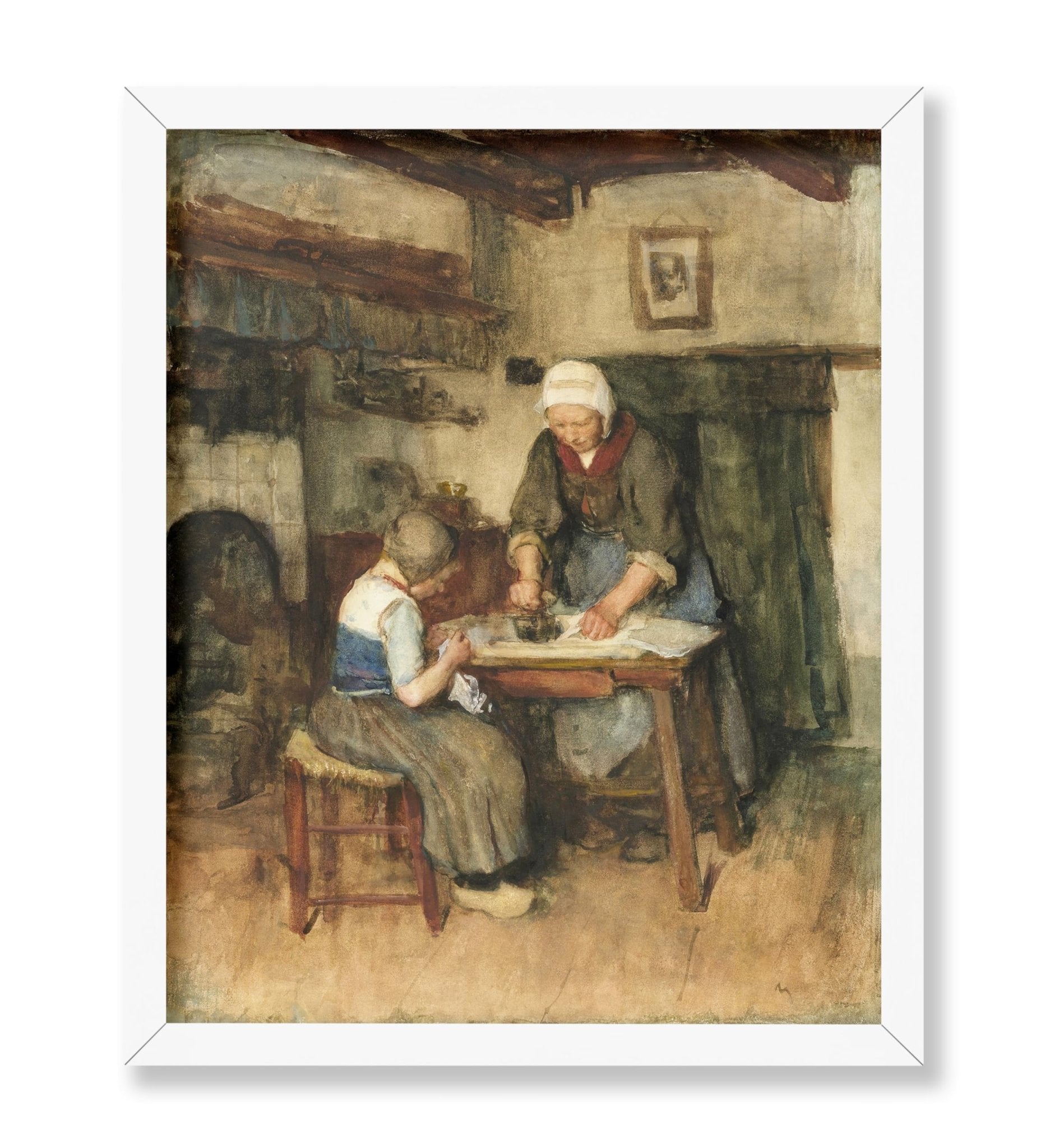 Interior with Woman Ironing and Sewing Child