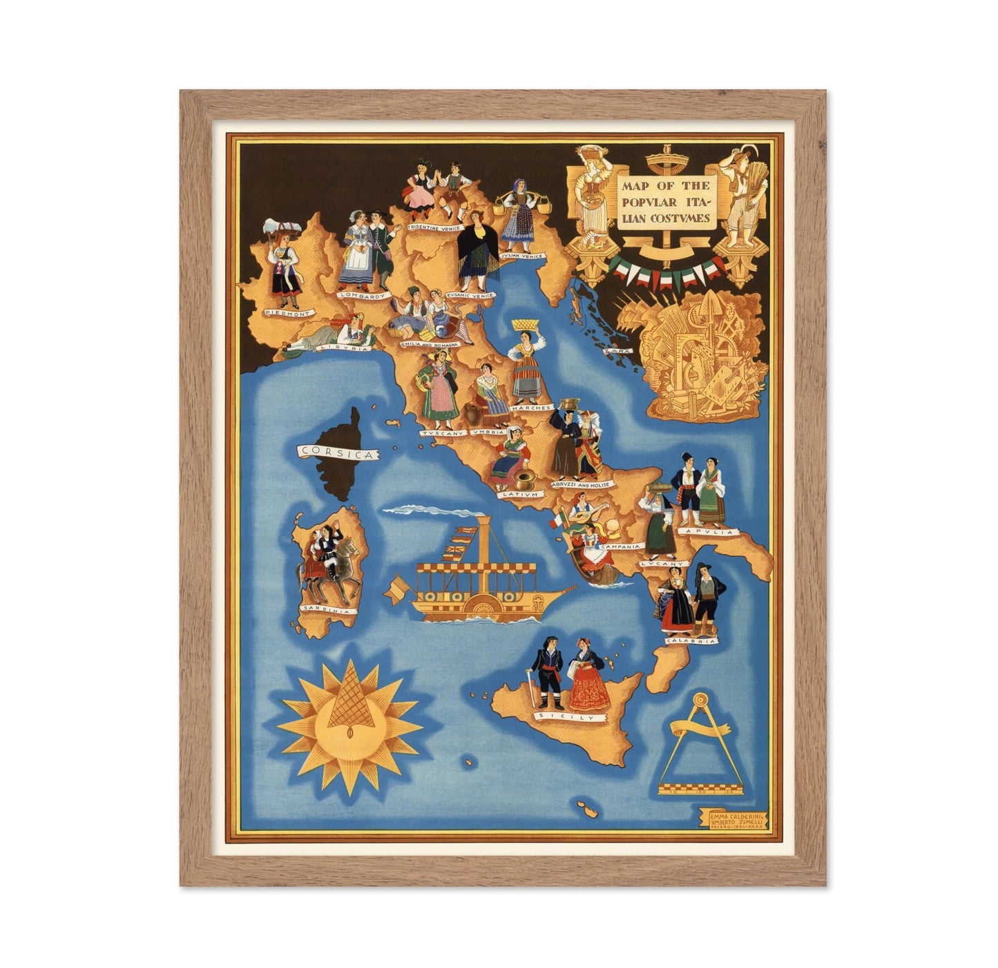 Pictorial Map of Italy with Popular Italian Costumes