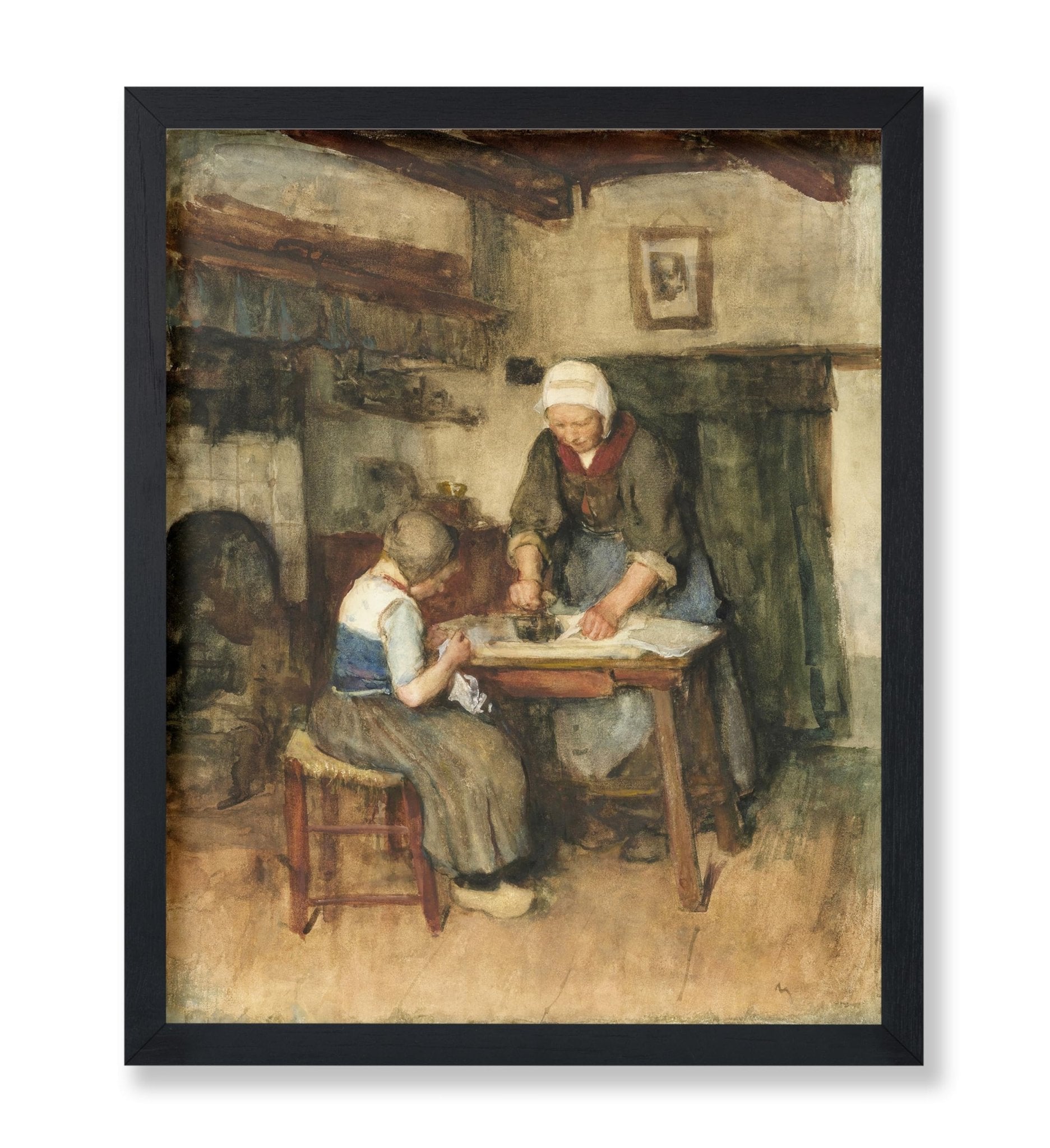 Interior with Woman Ironing and Sewing Child