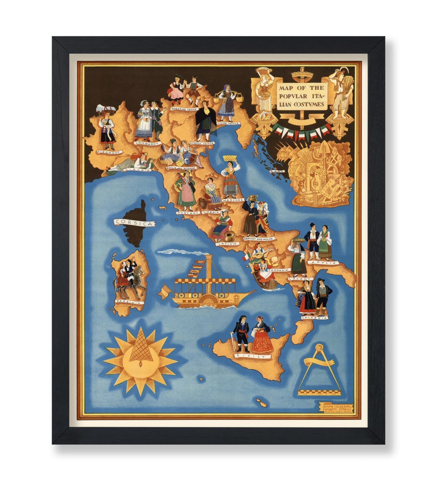Pictorial Map of Italy with Popular Italian Costumes