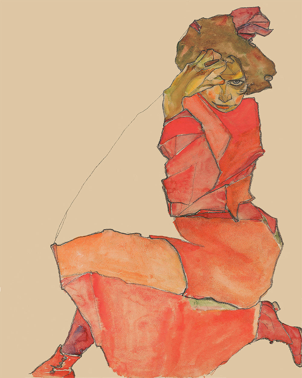 Egon Schiele - Kneeling Female in Orange-Red Dress