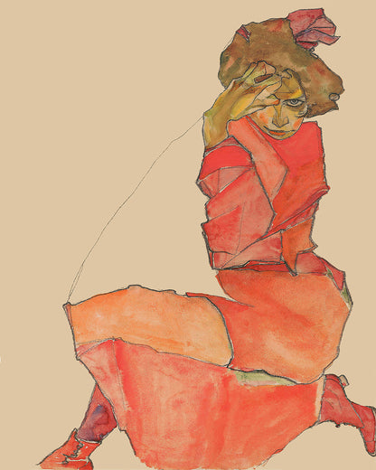 Egon Schiele - Kneeling Female in Orange-Red Dress