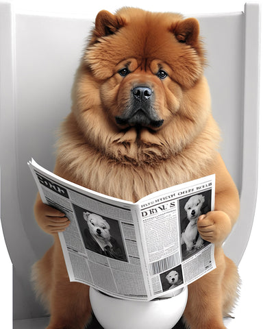 Chow Chow Seating on a Toilet Reading Newspaper