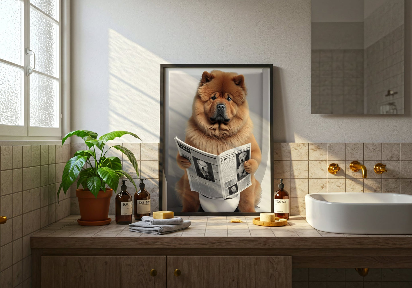 Chow Chow Seating on a Toilet Reading Newspaper
