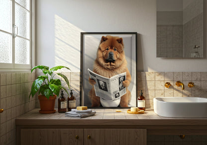 Chow Chow Seating on a Toilet Reading Newspaper