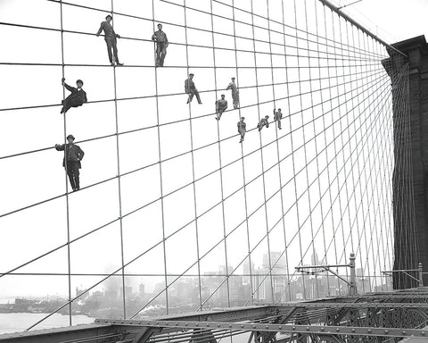 Painters Suspended on Cables of the Brooklyn Bridge