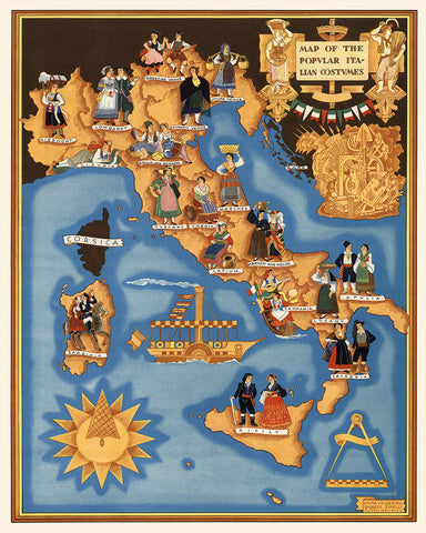 Pictorial Map of Italy with Popular Italian Costumes