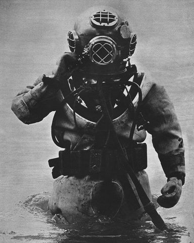 US Navy Diver in Mark-V Diving Helmet and Suit