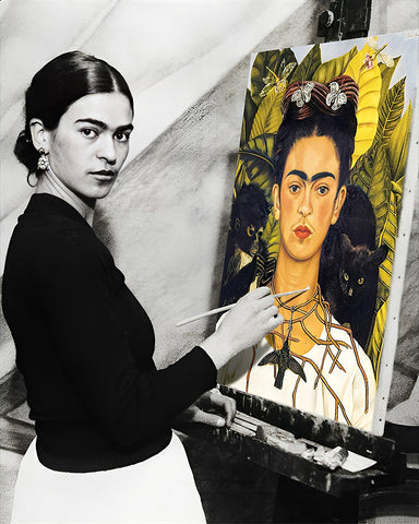 Frida Kahlo Posing with Self-Portrait with Thorn Necklace and Hummingbird