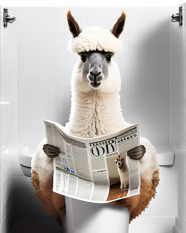 Alpaca Reading a Newspaper on Toilet