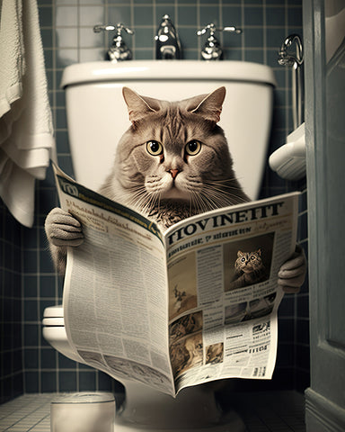 Cat Reading a Newspaper on Toilet