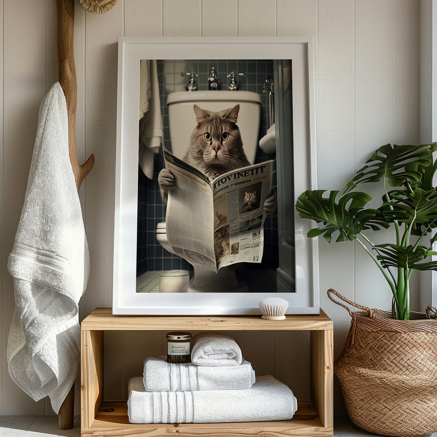 Cat Reading a Newspaper on Toilet
