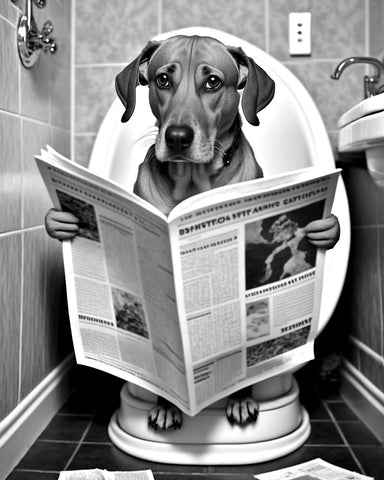 Dog Reading a Newspaper on Toilet