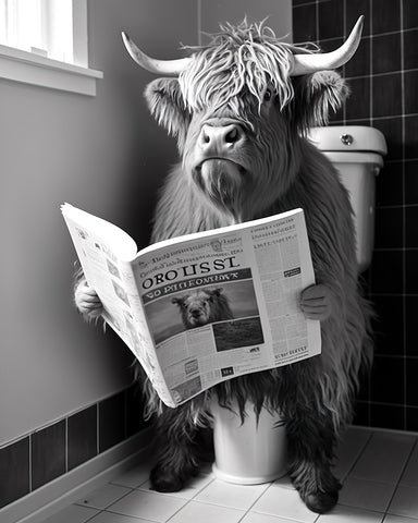 Highland Cow Reading a Newspaper on Toilet