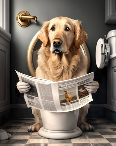 Golden Retriever Reading a Newspaper on Toilet